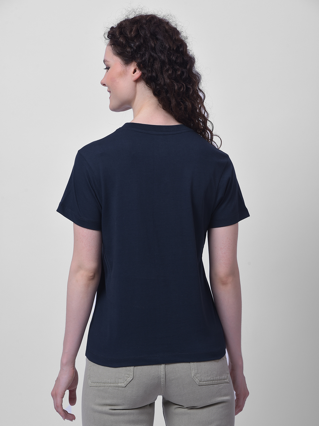 Numero Uno Women Solid Navy Blue Cotton T-Shirt